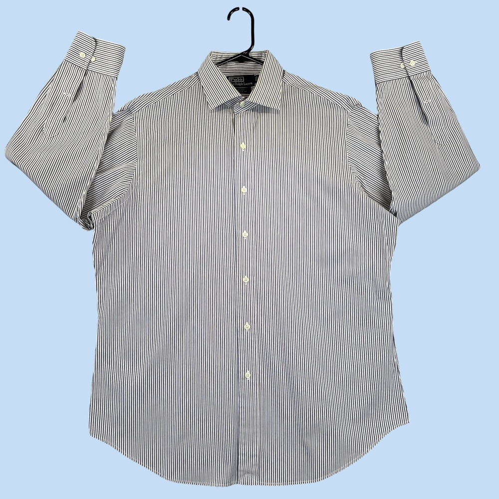 Vintage‎ Polo Ralph Lauren Button Up Men (L) 16.5 Blue White Regent Classic Fit